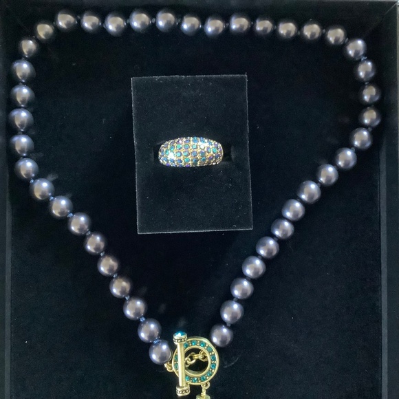 Heidi Daus Beaded Crystal Toggle Necklace With Earrings and Ring Set Blue Multi - Picture 4 of 16